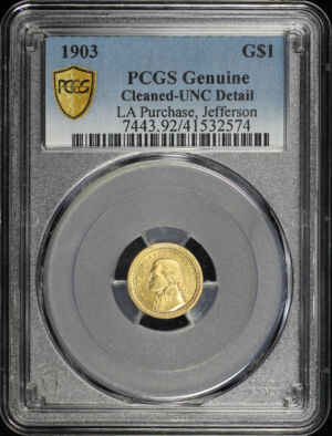 Obverse of this 1903 G$1 LA Purch-Jefferson Gold Commemorative PCGS BU Details Cleaned 