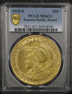 Obverse of this 1915-S $50 Panama-Pacific, Round Gold Commemorative PCGS MS-62+