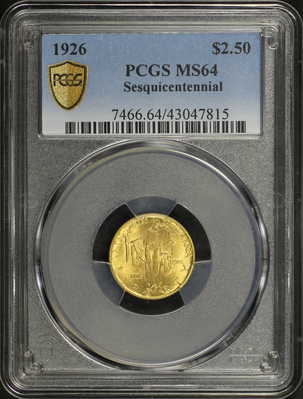 Obverse of this 1926 Gold Commemorative Sesquicentennial $2.50 PCGS MS-64