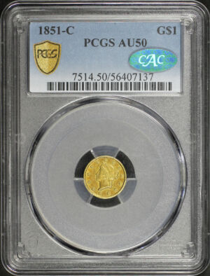 Obverse of this 1851-C Gold Dollar Type 1 PCGS AU-50 CAC