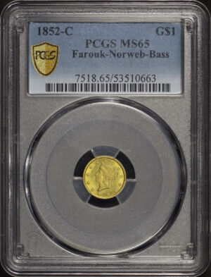 Obverse of this 1852-C Gold Dollar Farouk-Norweb-Bass PCGS MS-65