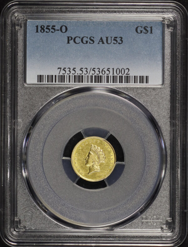 Obverse of this 1855-O Gold Dollar PCGS AU-53