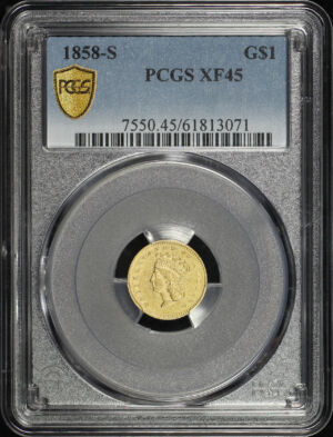 Obverse of this 1858-S Gold Dollar Type 3 PCGS XF-45