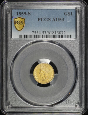 Obverse of this 1859-S Gold Dollar Type 3 PCGS AU-53