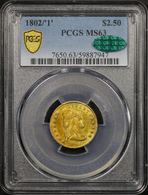 Obverse of this 1802/’1′ Draped Bust $2.5 PCGS MS-63 CAC