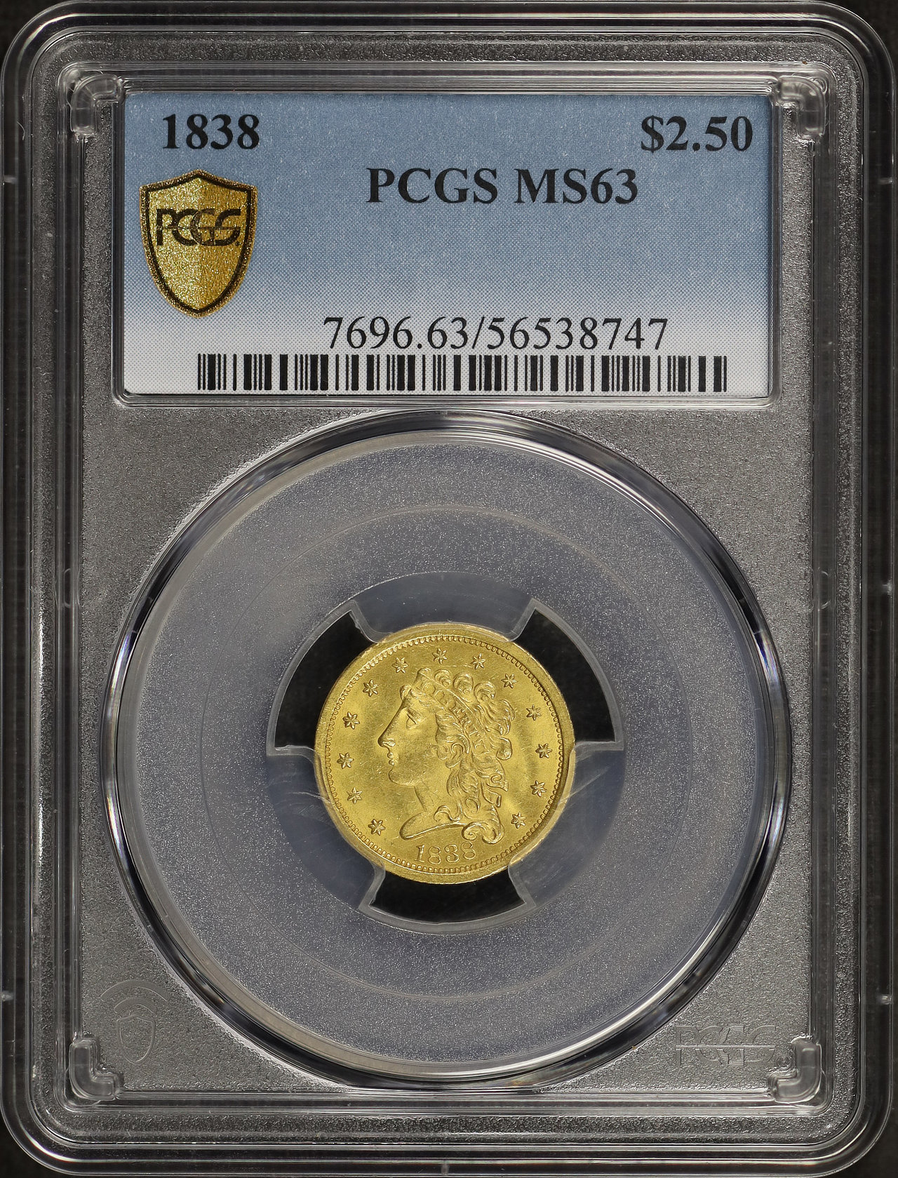 Obverse of this 1838 Classic Head $2.5 $2.50 PCGS MS-63