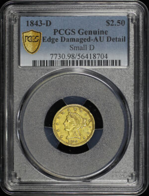Obverse of this 1843-D Liberty Head $2.5 Small D PCGS AU Edge Damaged Details