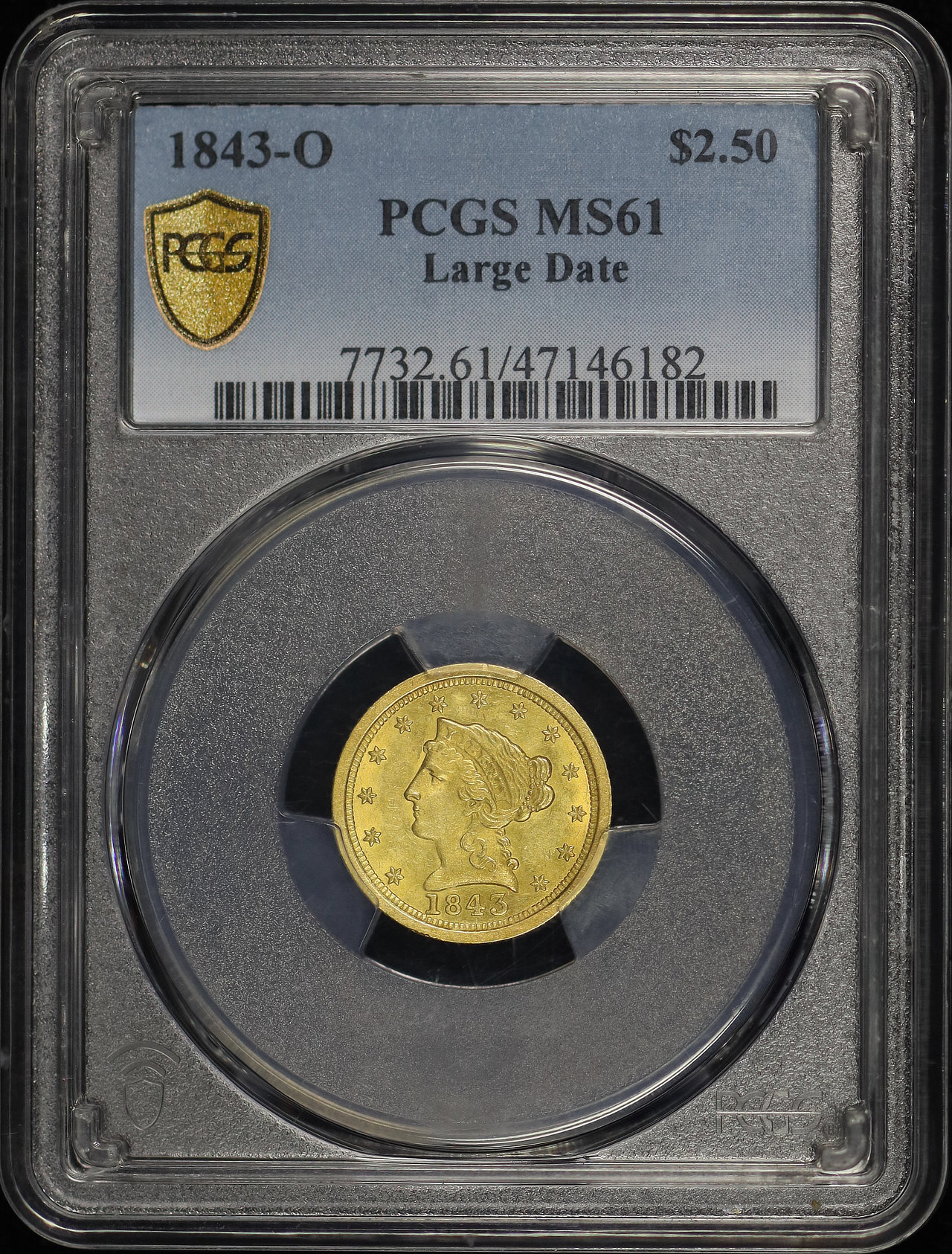 Obverse of this 1843-O Liberty Head $2.5 Large Date PCGS MS-61