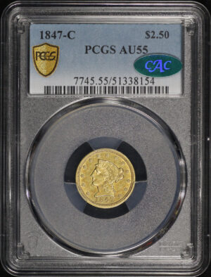 Obverse of this 1847-C Liberty Head $2.5 PCGS AU-55 CAC