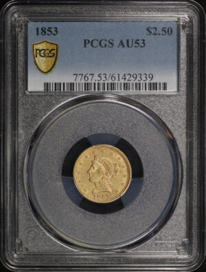 Obverse of this 1853 Liberty Head $2.5 PCGS AU-53