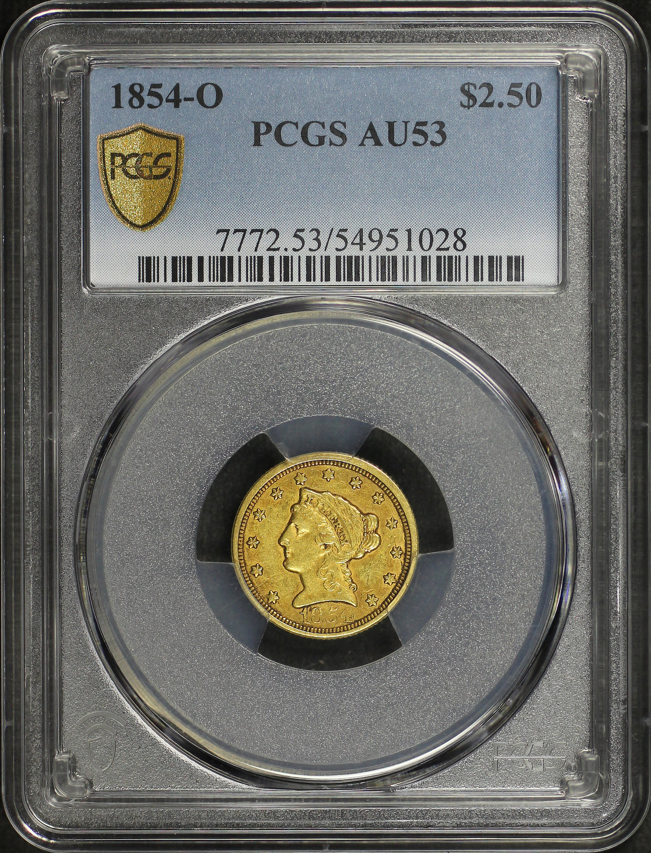 Obverse of this 1854-O Liberty Head $2.5 PCGS AU-53