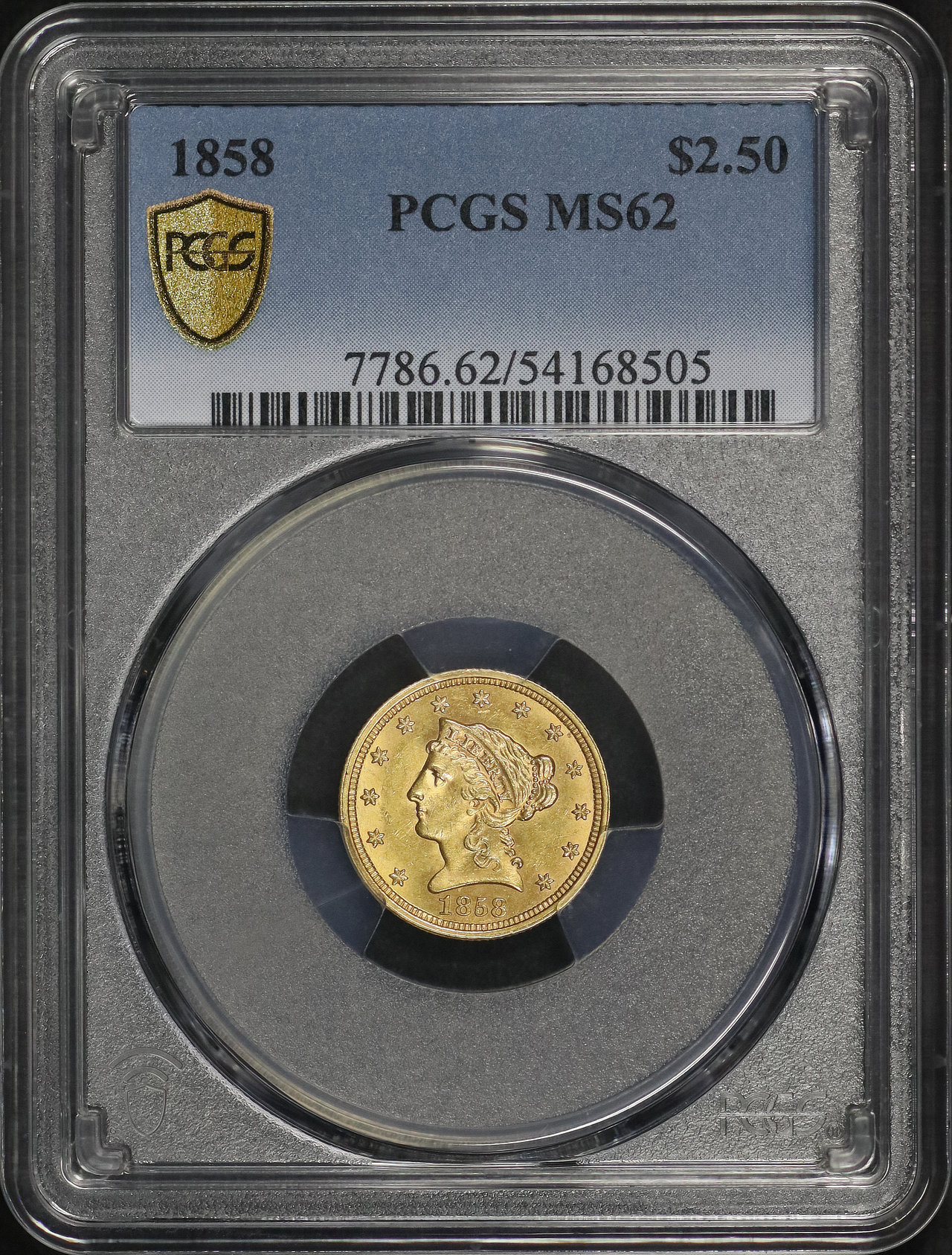 Obverse of this 1858 Liberty Head $2.5 PCGS MS-62