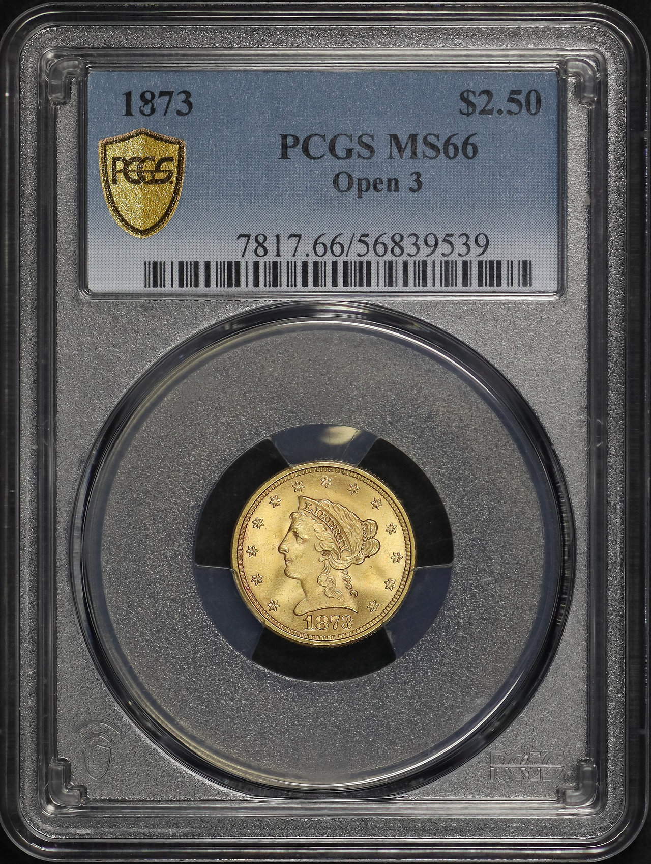 Obverse of this 1873 Liberty Head $2.5 Open 3 PCGS MS-66
