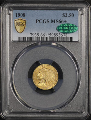 Obverse of this 1908 Indian $2.5 PCGS MS-66+ CAC