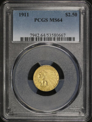 Obverse of this 1911 Indian $2.5 PCGS MS-64