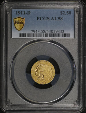 Obverse of this 1911-D Indian Strong D $2.5 PCGS AU-58