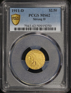 Obverse of this 1911-D Indian $2.5 Strong D PCGS MS-62