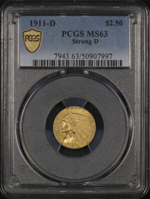 Obverse of this 1911-D Strong D Indian $2.5 PCGS MS-63