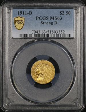 Obverse of this 1911-D Indian $2.5 Strong D PCGS MS-63