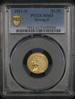 Obverse of this 1911-D Indian $2.5 Strong D PCGS MS-63