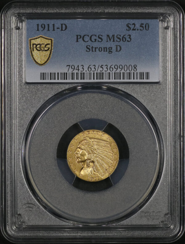 Obverse of this 1911-D Indian $2.5 Strong D PCGS MS-63