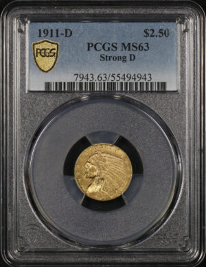 Obverse of this 1911-D Indian $2.5 Strong D PCGS MS-63