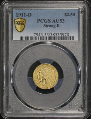 Obverse of this 1911-D Indian Strong D $2.5 PCGS AU-53