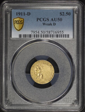 Obverse of this 1911-D Weak D Indian $2.5 PCGS AU-50