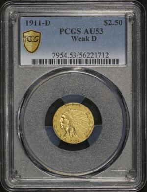 Obverse of this 1911-D Indian $2.5 Weak D PCGS AU-53