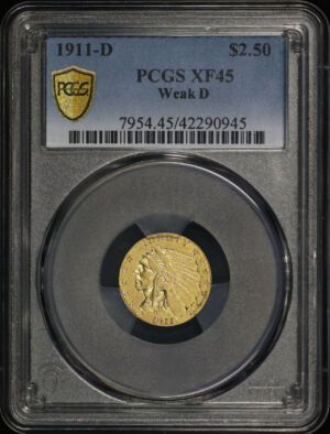 Obverse of this 1911-D Indian $2.5 Weak D PCGS XF-45