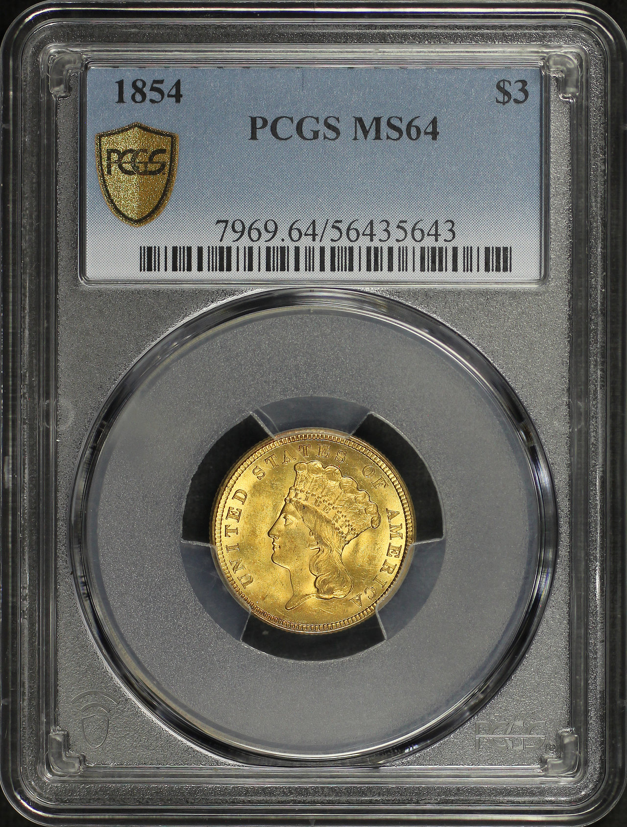 Obverse of this 1854 Three Dollar PCGS MS-64