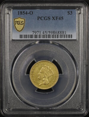 Obverse of this 1854-O Three Dollar PCGS XF-45
