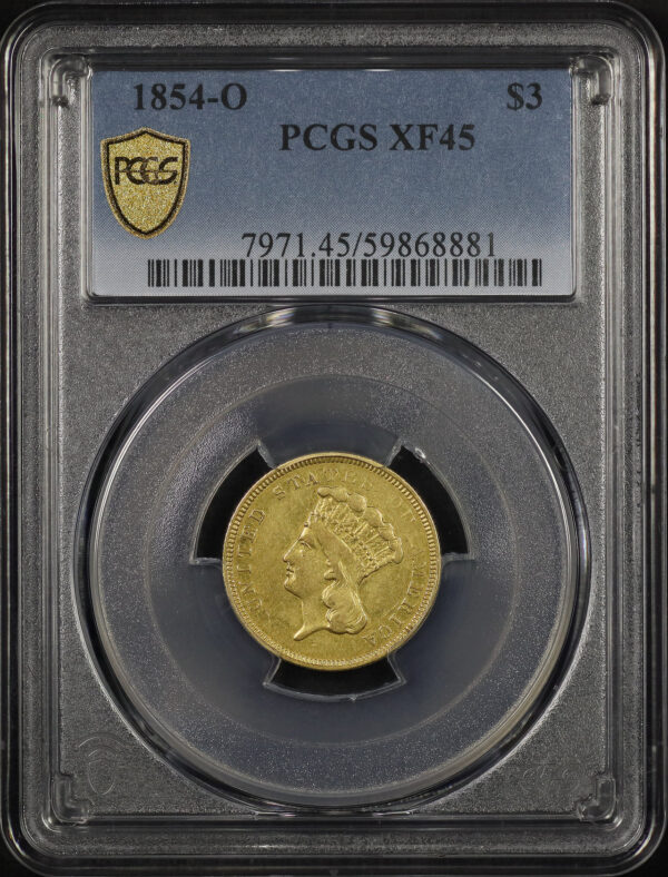 Obverse of this 1854-O Three Dollar PCGS XF-45