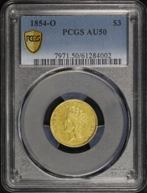 Obverse of this 1854-O Three Dollar PCGS AU-50