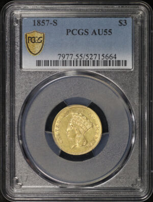 Obverse of this 1857-S Three Dollar PCGS AU-55