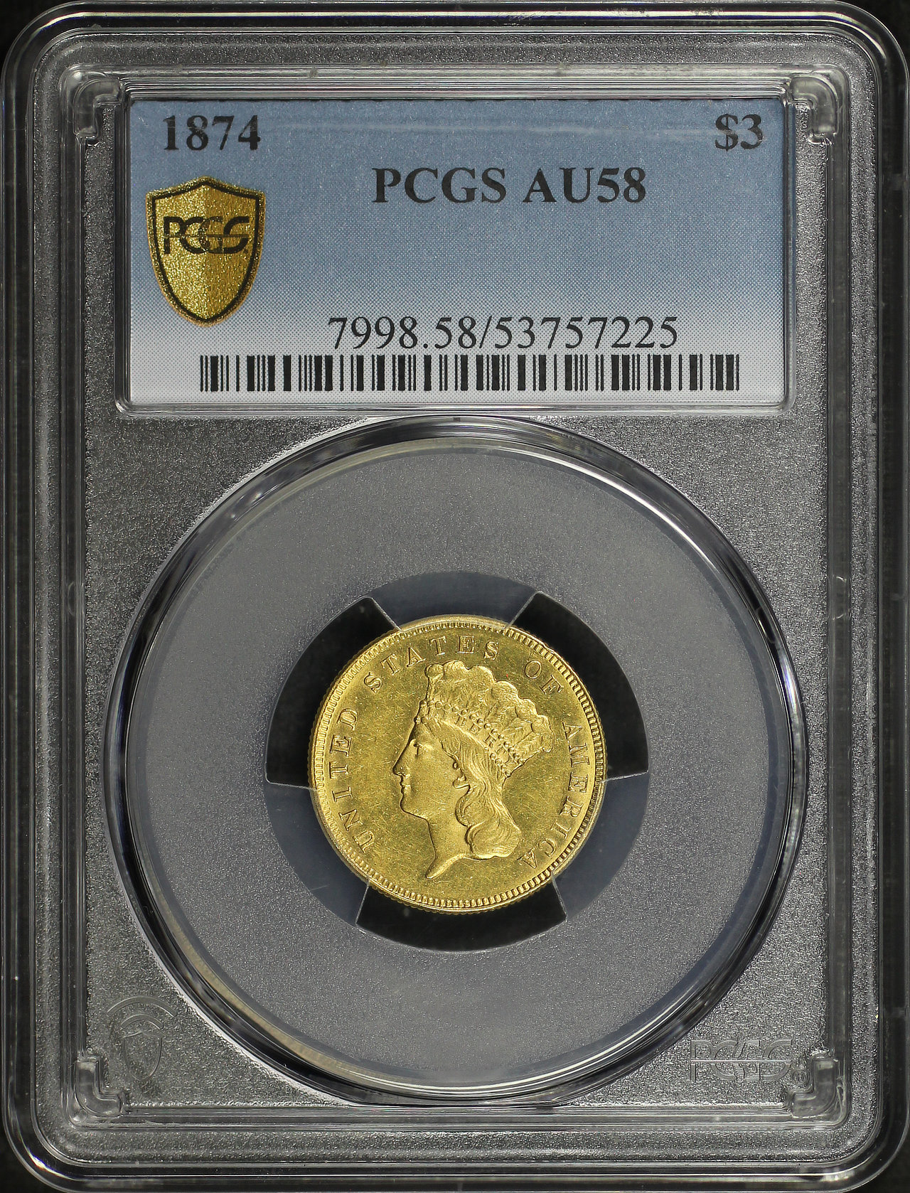 Obverse of this 1874 Three Dollar PCGS AU-58