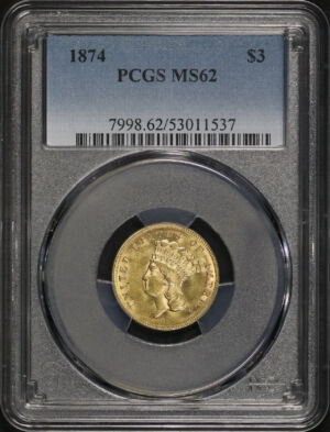 Obverse of this 1874 Three Dollar PCGS MS-62