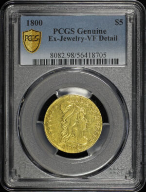Obverse of this 1800 Draped Bust $5 PCGS VF EX-Jewelry Details Damaged