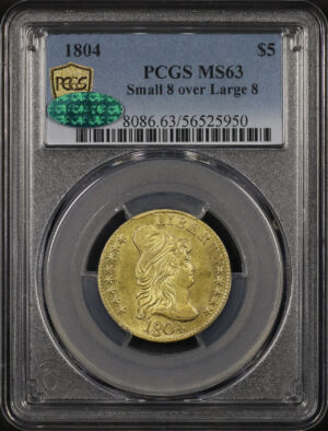 Obverse of this 1804 Draped Bust $5 Small 8 over Large PCGS MS-63 CAC
