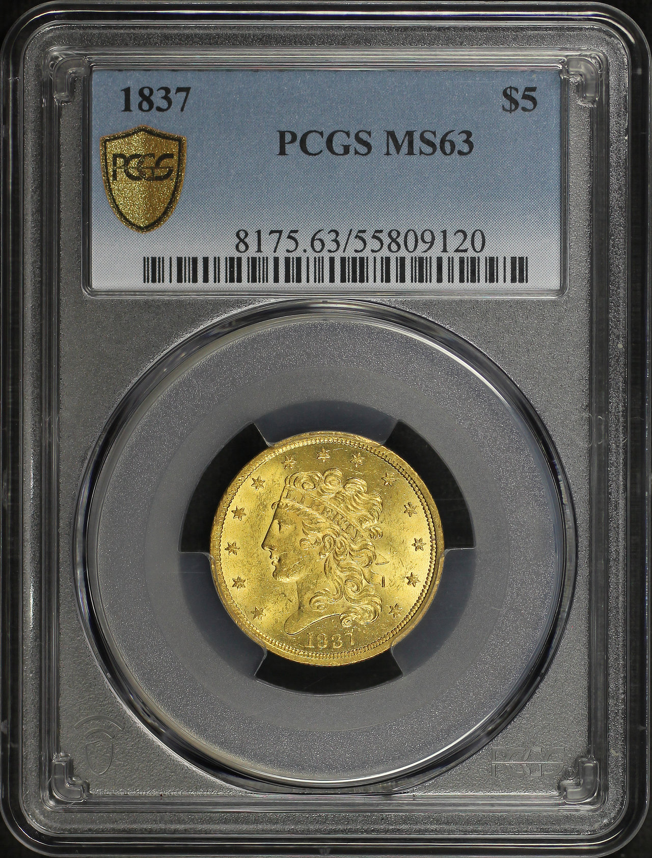 Obverse of this 1837 Classic Head $5 PCGS MS-63