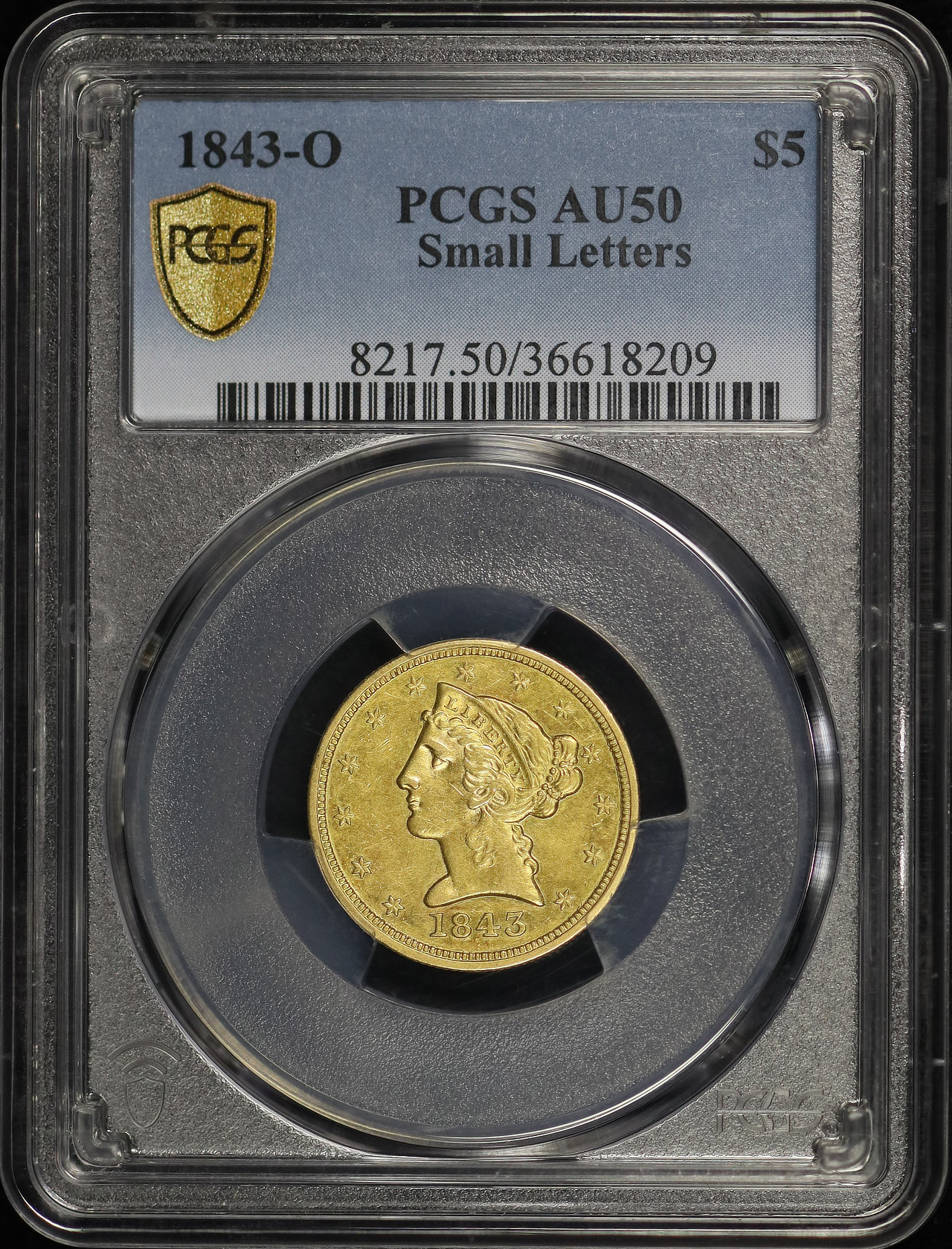 Obverse of this 1843-O Liberty Head $5 Small Letters PCGS AU-50