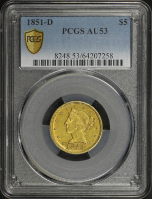 Obverse of this 1851-D Liberty Head $5 PCGS AU-53