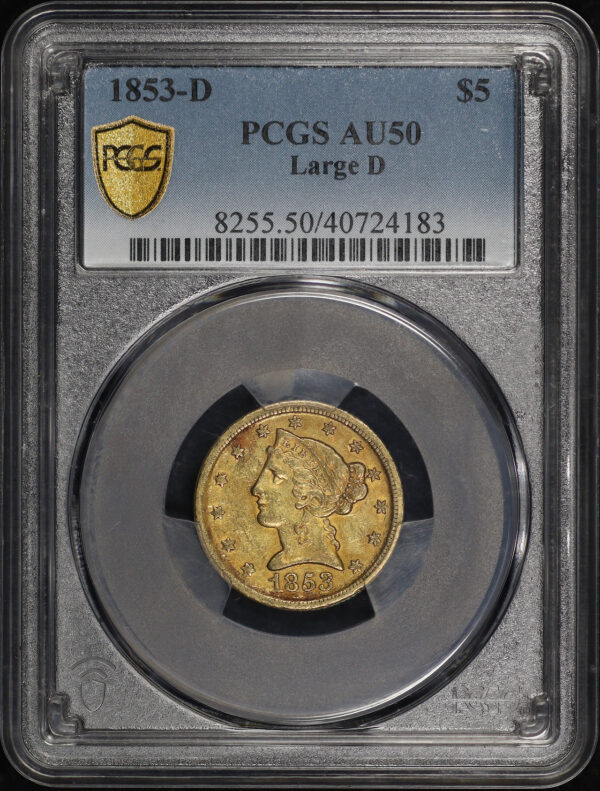 Obverse of this 1853-D Liberty Head $5 Large D PCGS AU-50