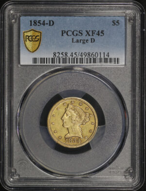 Obverse of this 1854-D Liberty Head $5 Large D PCGS XF-45