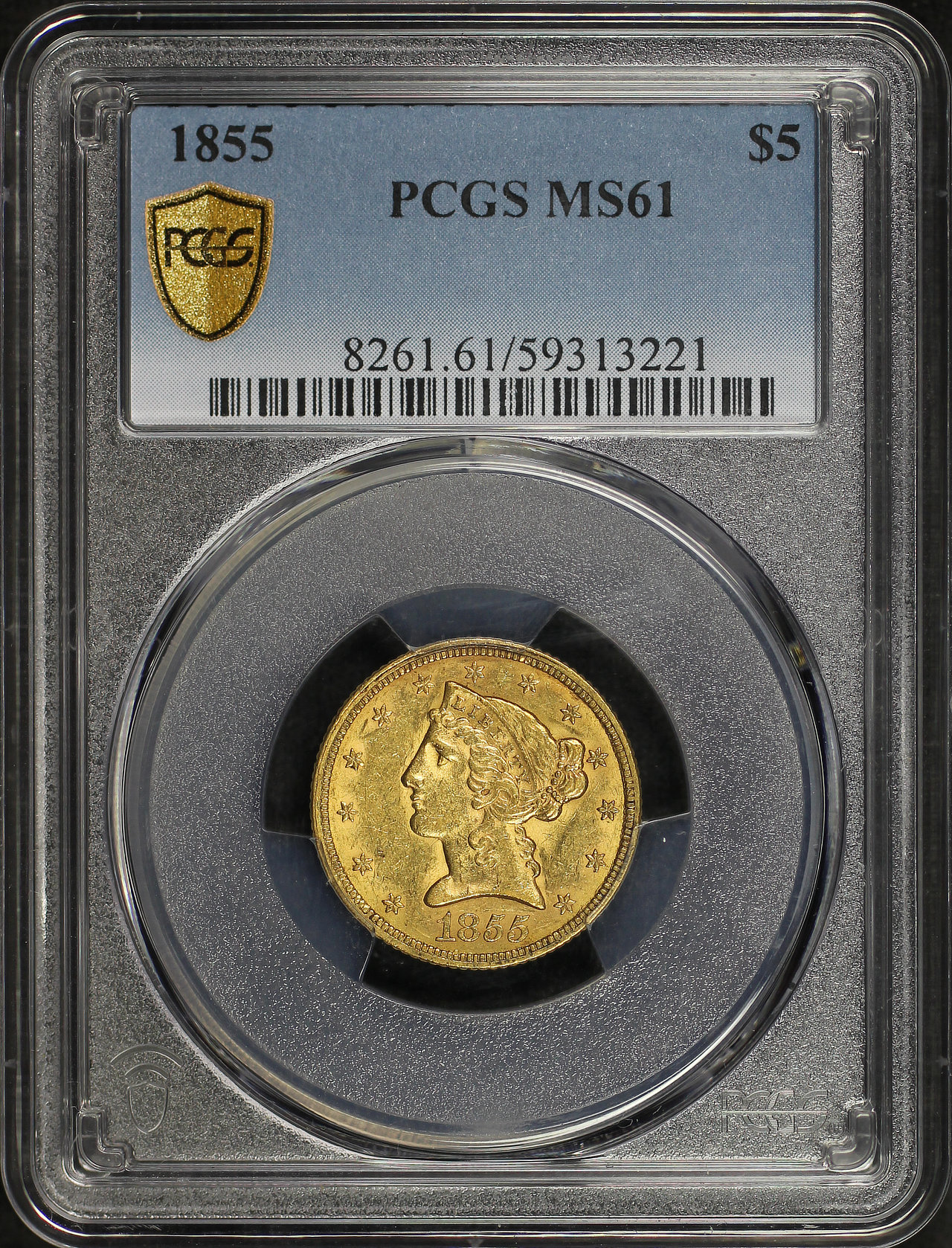 Obverse of this 1855 Liberty Head $5 PCGS MS-61
