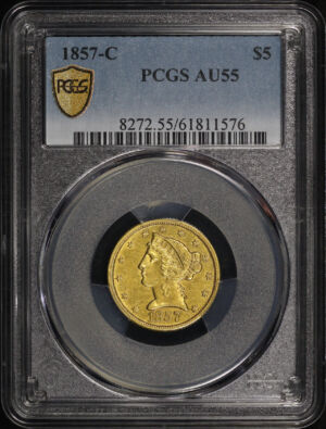 Obverse of this 1857-C Liberty Head $5 PCGS AU-55