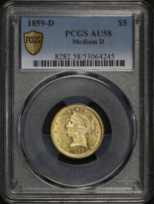 Obverse of this 1859-D Liberty Head $5 Medium D PCGS AU-58