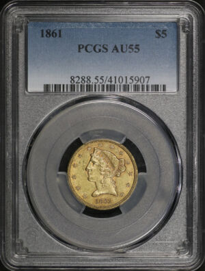 Obverse of this 1861 Liberty Head $5 PCGS AU-55