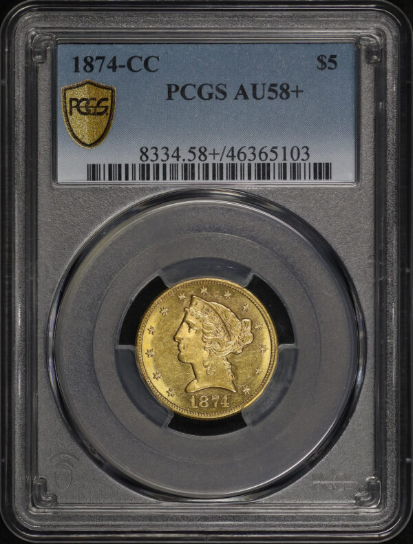 Obverse of this 1874-CC Liberty Head $5 PCGS AU-58+