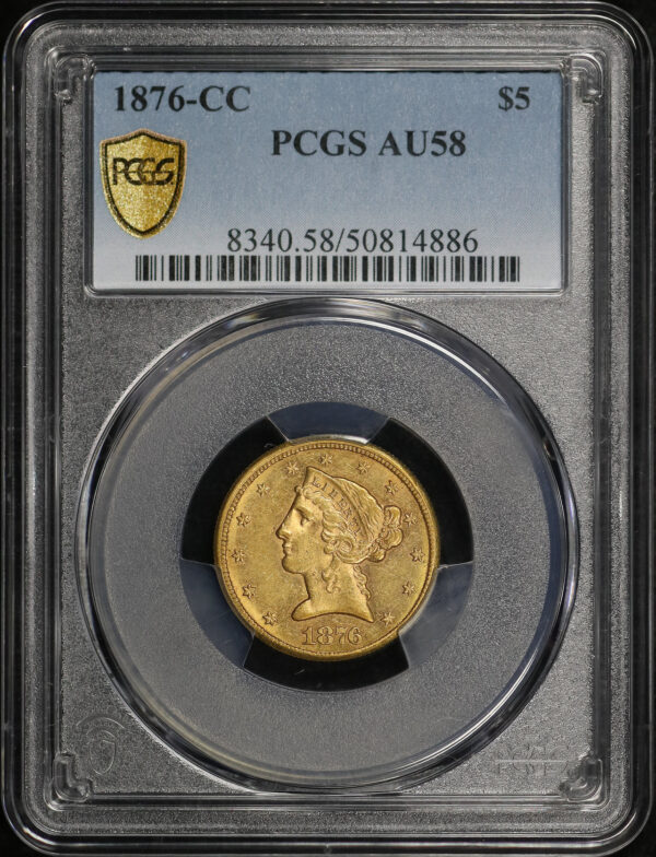 Obverse of this 1876-CC Liberty Head $5 PCGS AU-58